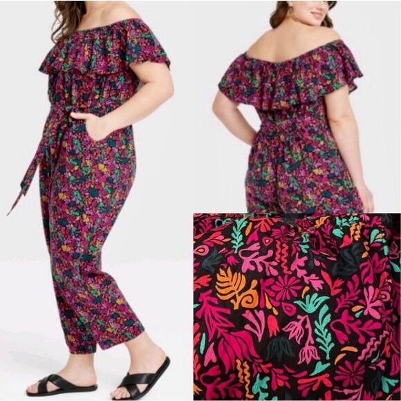 NWT Ava & Viv Women 2X Ruffle Trim Floral Cropped Linen Blend Jumpsuit - Picture 1 of 6